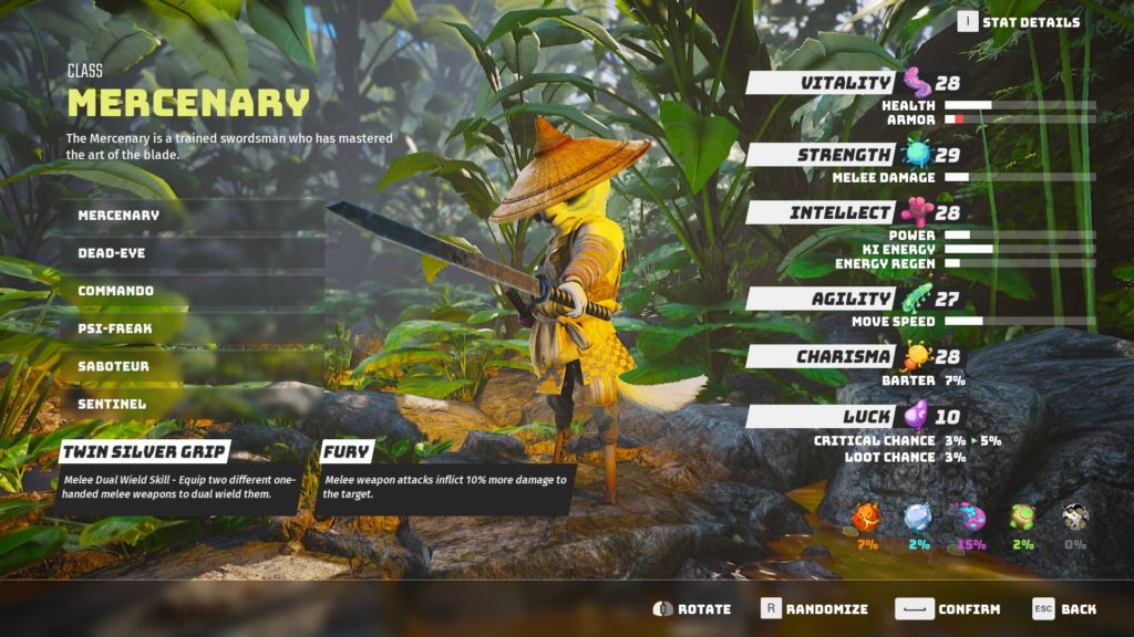 Biomutant The Class choice screen in the character customization section